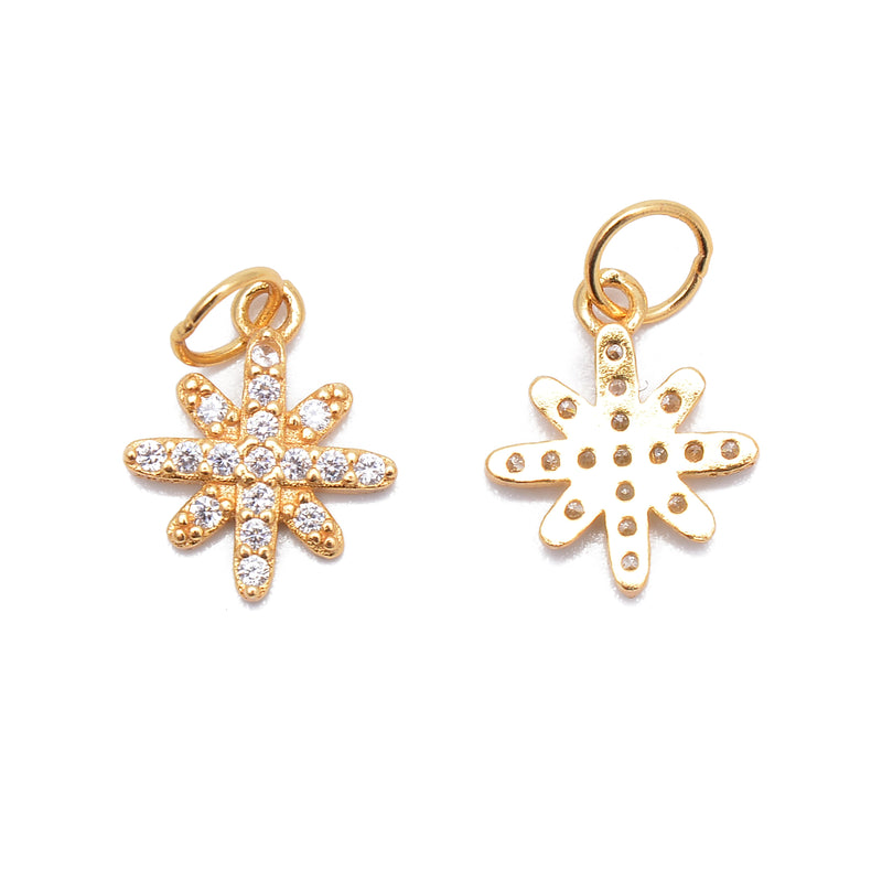 Gold Plated Sterling Silver Snowflake Charm with CZ Size 10x13mm 3 PCS Per Bag