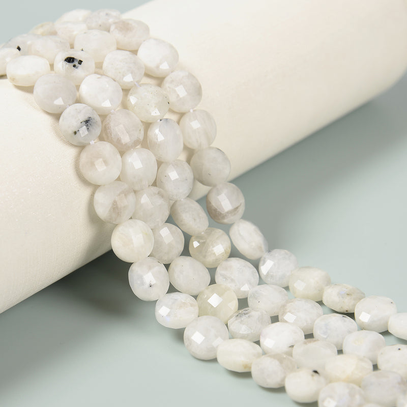 Natural White Moonstone with Black Specks Faceted Coin Beads 10mm 15.5'' Strand