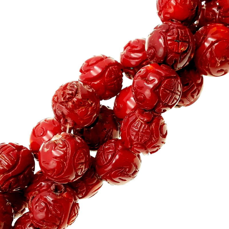 red bamboo coral hand carved round beads