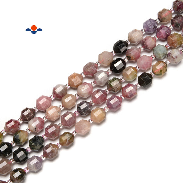 Multi-Tourmaline Prism Cut Double Point Faceted Round Beads 6mm 10mm 15.5''Strnd