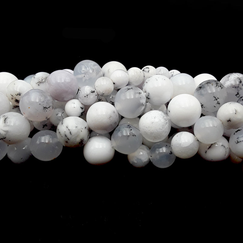 Dendritic Snow White Opal Smooth Round Beads 6mm 8mm 10mm 15.5" Strand