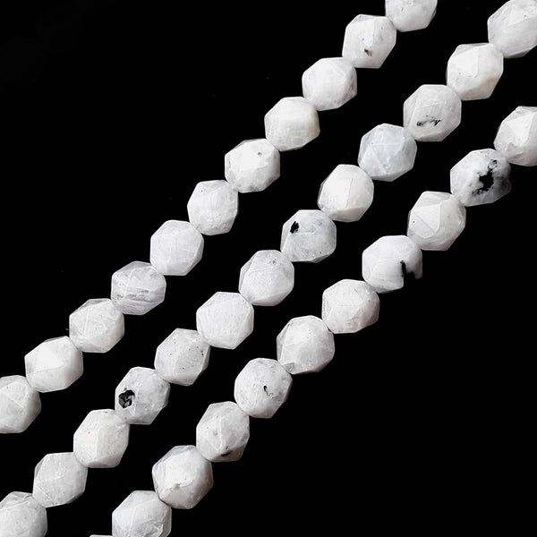 Natural White Moonstone with Black Specks Faceted Star Cut Beads 8mm 15.5"Strand