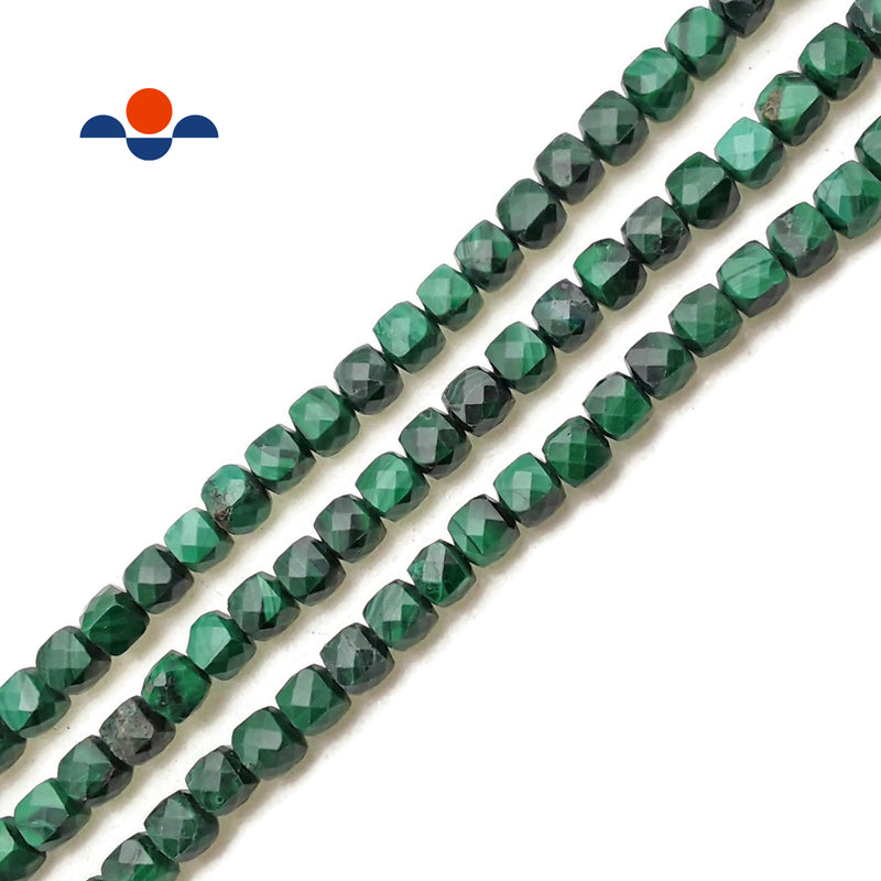 Natural Malachite Faceted Square Dice Cube Beads Size 4mm 15.5" Strand