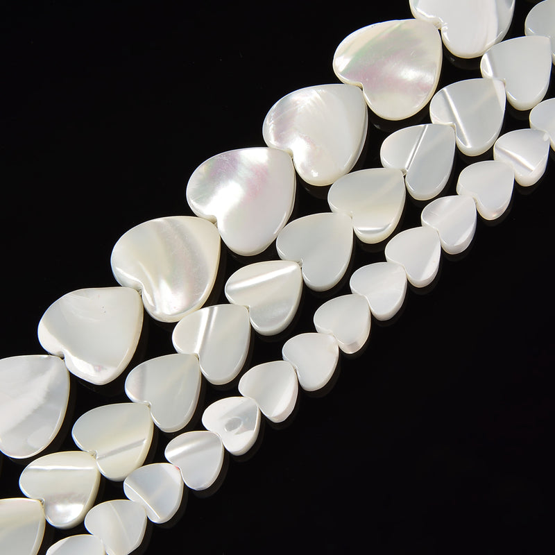 Iridescent White Mother of Pearl MOP Shell Heart Beads 6mm to 12mm 15.5'' Strand