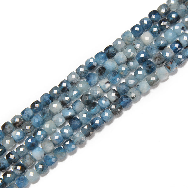 Natural Dark Blue Aquamarine Faceted Cube Beads Size 4mm 15.5'' Strand