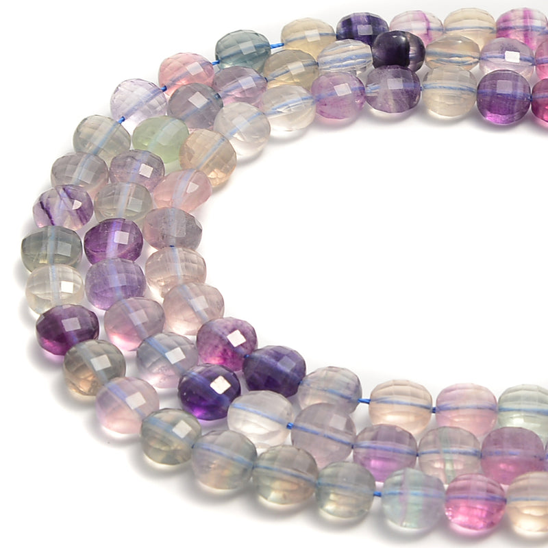 Multi Color Fluorite Hard Cut Faceted Coin Beads Size 10mm 15.5'' Per Strand
