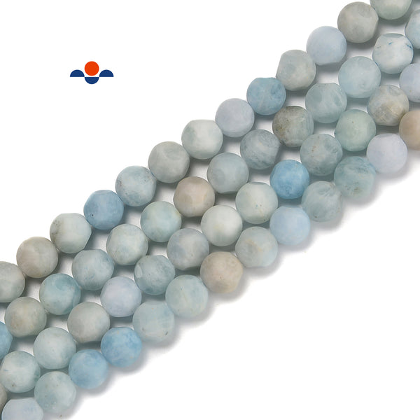 Natural Aquamarine Matte Soccer Faceted Round Beads Size 10mm 15.5'' Strand