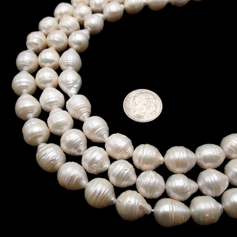 Fresh Water Pearl White Baroque Ringed Drop Beads 10x14mm 15.5" Strand