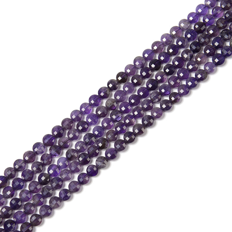 Natural Amethyst Faceted Coin Beads Size 6mm 15.5'' Strand