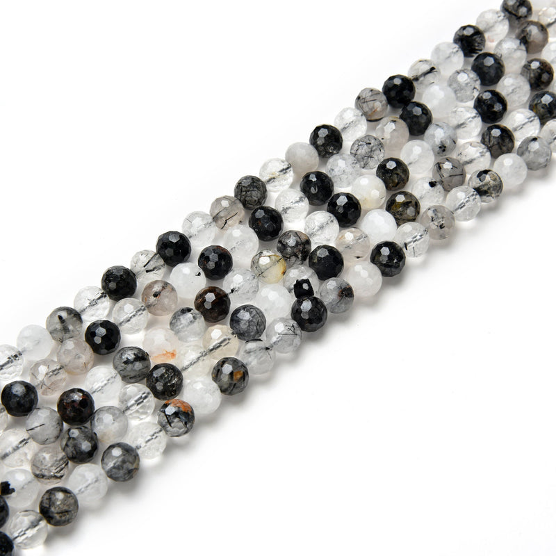 black tourmalinated quartz faceted round beads 