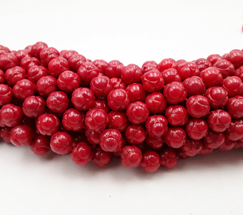 red bamboo coral carved round beads
