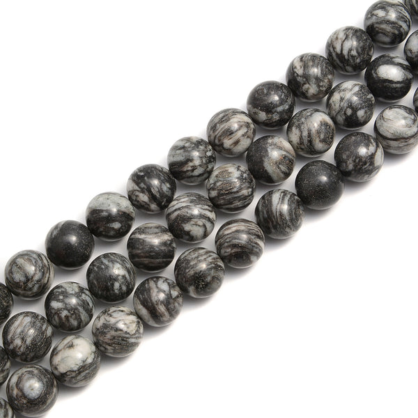 2.0mm Large Hole Black Network Silk Stone Spider Web Jasper Smooth Round Beads 8mm 10mm 15.5'' Strand