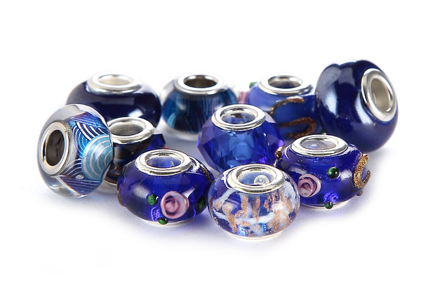 Mix Silver Plate Royal Blue Theme Murano Lampwork European Glass Crystal Beads