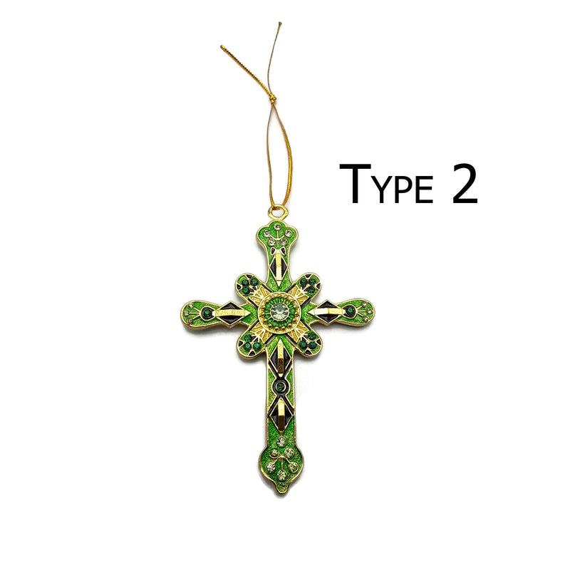 Cloisonne Christmas Tree Ornament Crucifix Cross 3.75 x 4" Wide Sold Per Piece