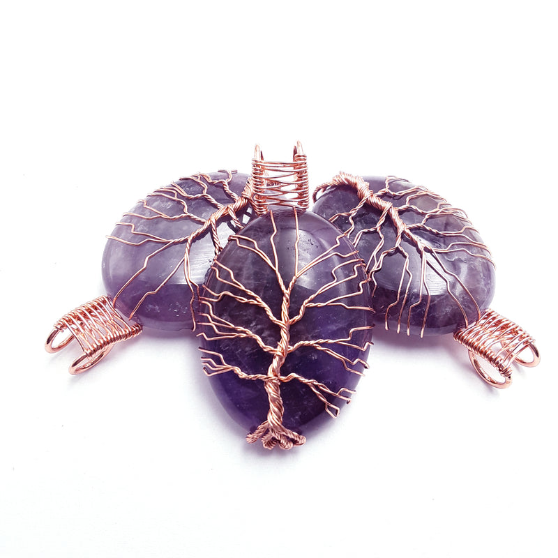 amethyst tree pendant copper wire wrap oval