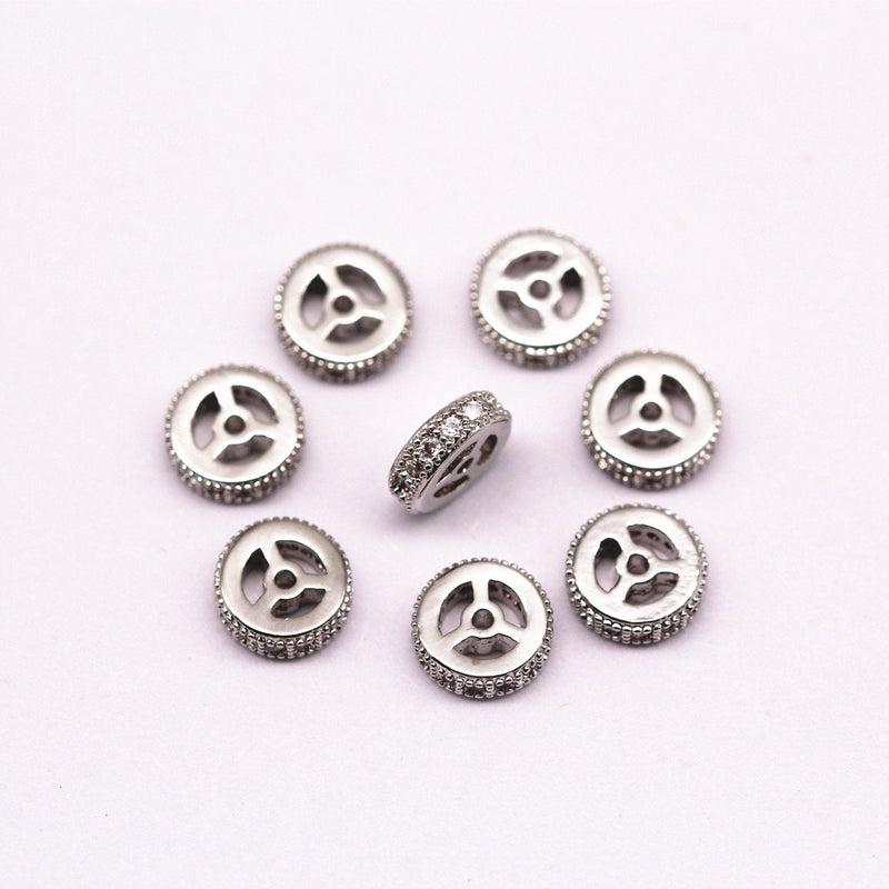 silver plated micro pave zircon flat wheel charm 