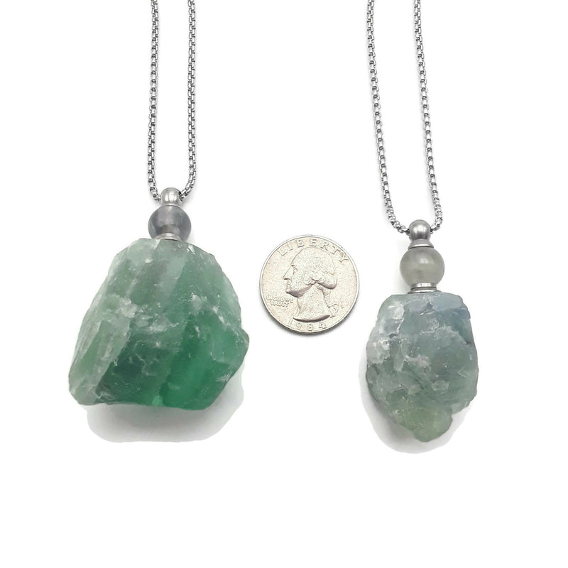 Green Fluorite Essential Oil Necklace Rough Nugget Perfume Bottle & Silver Chain