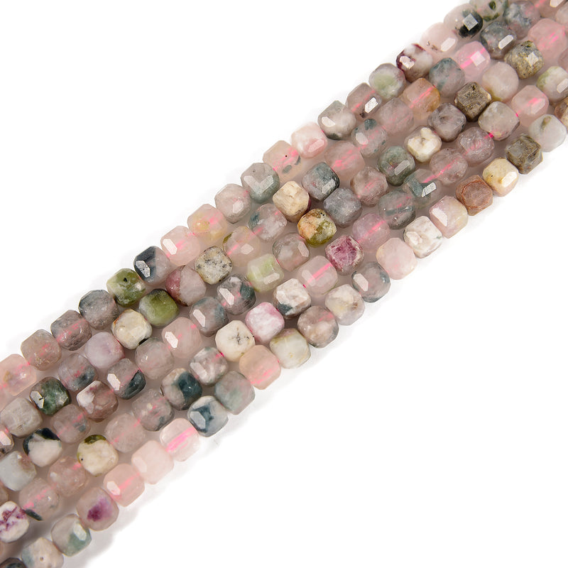 Natural Pink Tourmaline & Lepidolite Faceted Cube Beads 4mm 6mm 15.5'' Strand