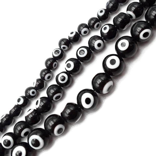 Black Evil Eye Glass Smooth Round Beads 6mm 8mm 10mm 15.5" Strand