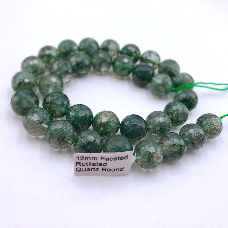 green rutilated quartz faceted round beads 