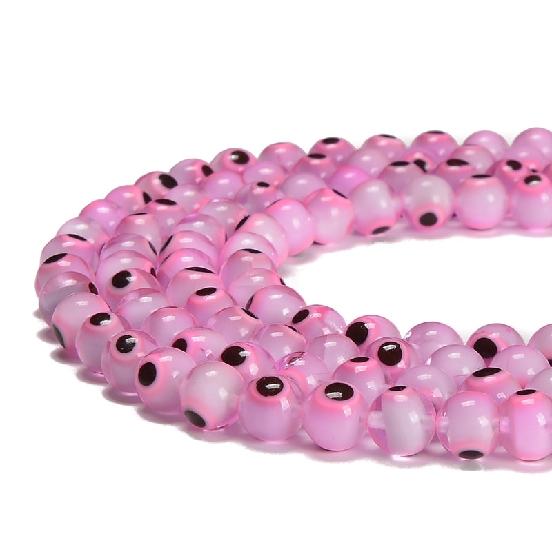 Pink Evil Eye Glass Smooth Round Beads Size 6mm 8mm 10mm 15.5'' Strand