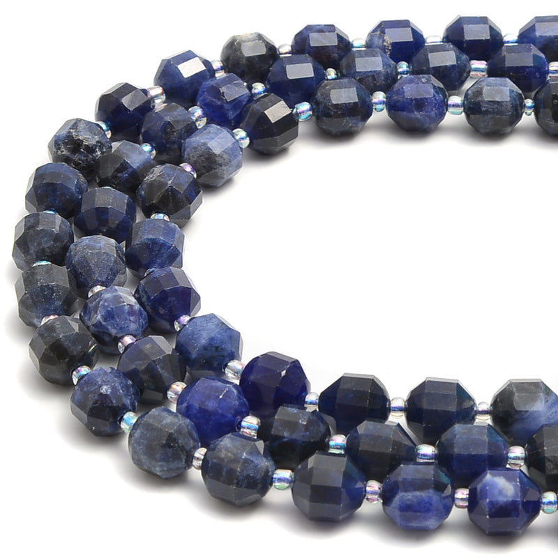 Sodalite Prism Cut Double Point Faceted Round Beads 9x10mm 15.5" Strand