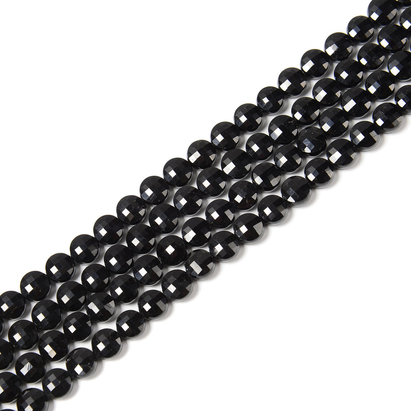 Natural Black Tourmaline Faceted Coin Beads Size 8mm 15.5'' Strand