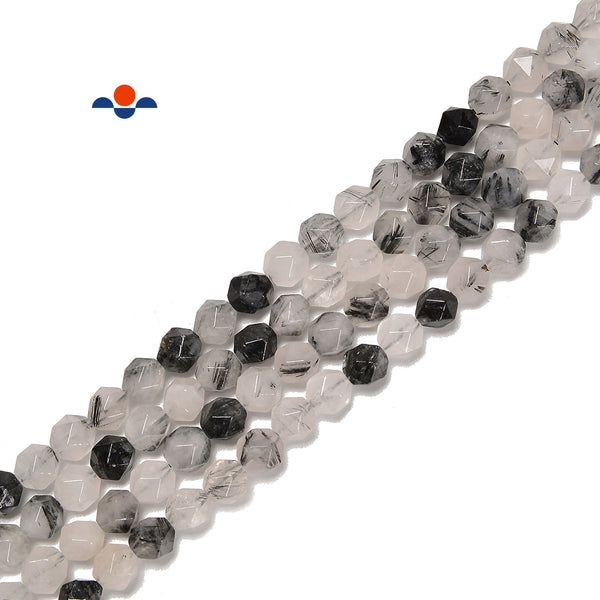 Natural BlackTourmalated Quartz Faceted Start Cut Beads Size 8mm 15.5'' Strand