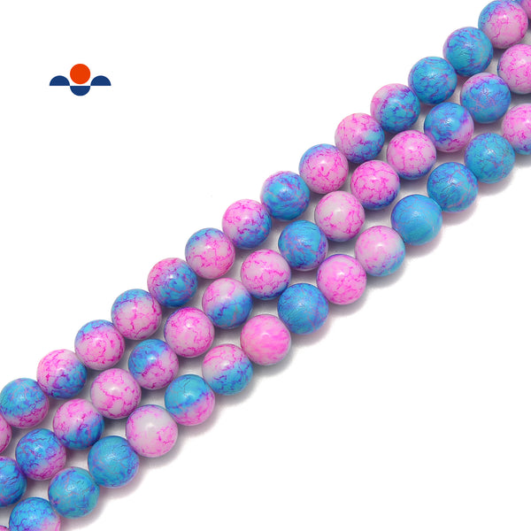 Pink Blue Printed Glass Smooth Round Beads Size 6mm 8mm 10mm 15.5" Strand