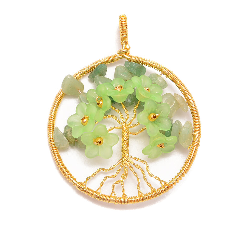 Green Aventurine Chips Flower Tree of Life Charm Wire Wrap Pendant Size 50mm Sold Per Piece