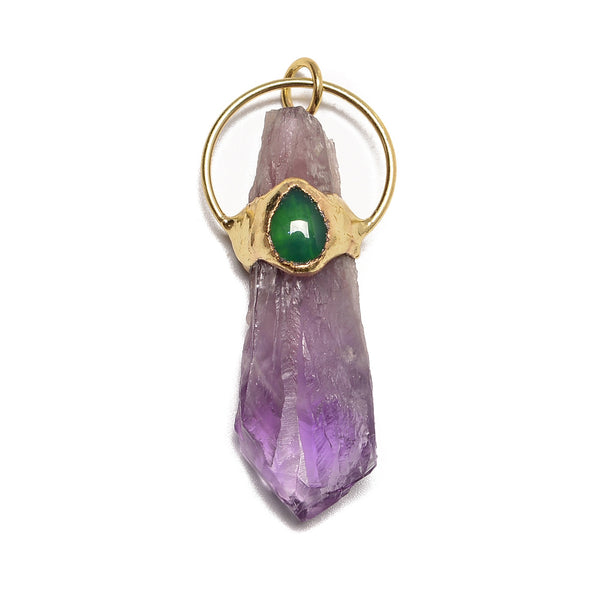 Amethyst Gold Plated Wrapped Point Pendant With Green Agate Size 55-65mm
