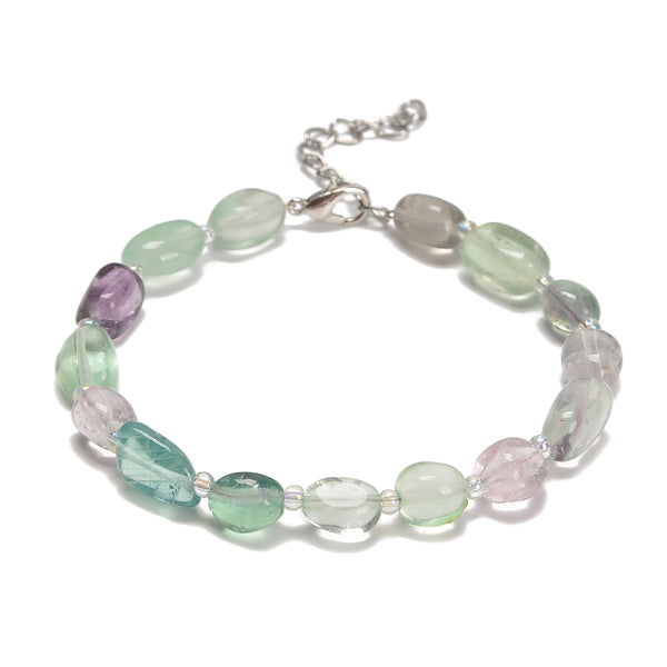 Fluorite Pebble Nugget Beaded Bracelet Silver Plated Clasp 8x10mm 7.5" Length