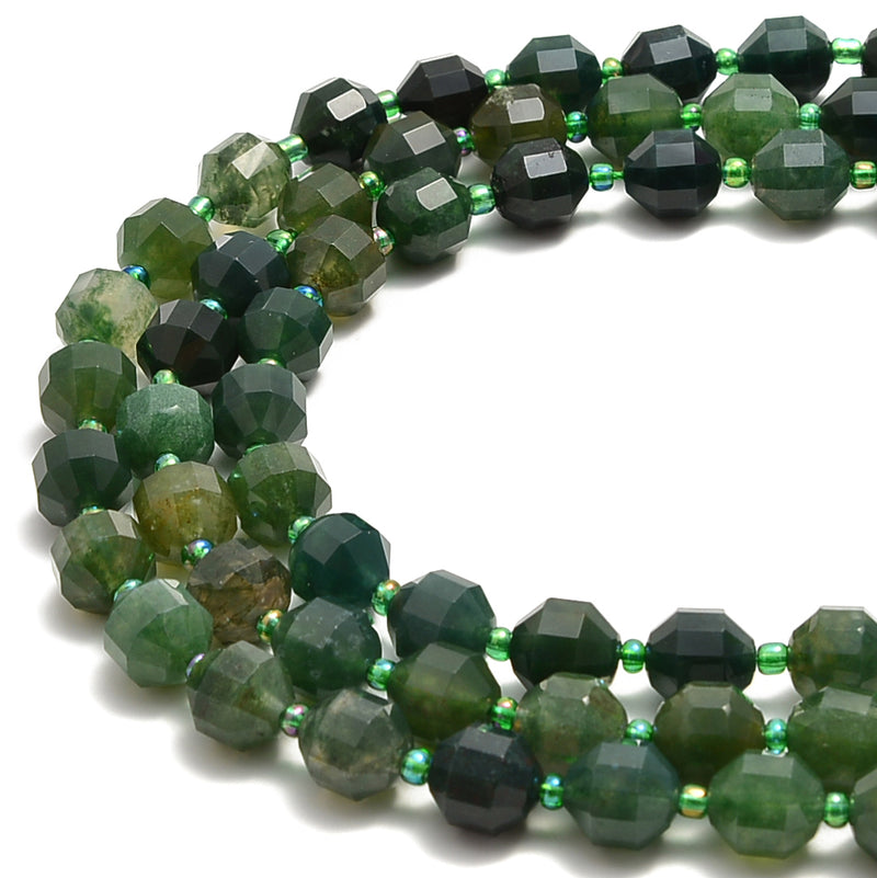 Moss Agate Prism Cut Double Point Faceted Round Beads 8mm 15.5" Strand