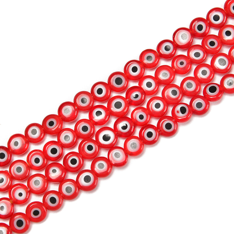 Red Evil Eye Glass Coin Discs Beads Size 6mm 8mm 10mm 15.5" Strand