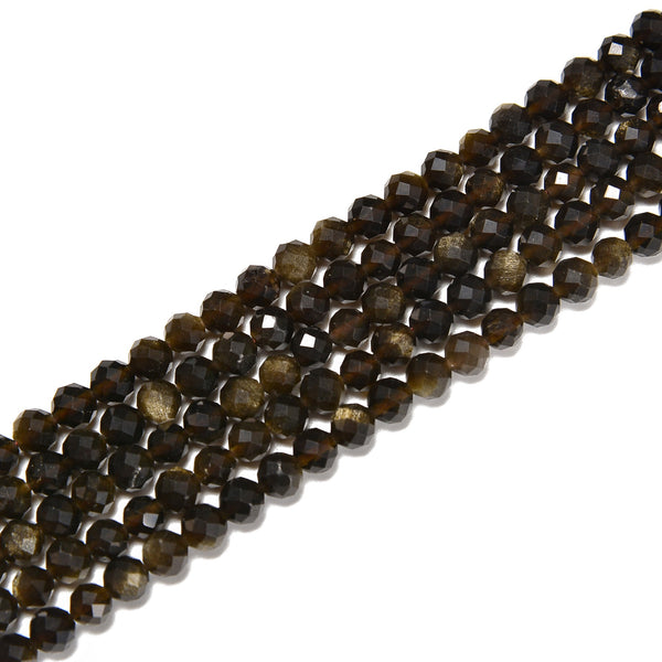 Gold Sheen Obsidian Faceted Round Beads Size 2mm 3mm 4mm 15.5'' Strand