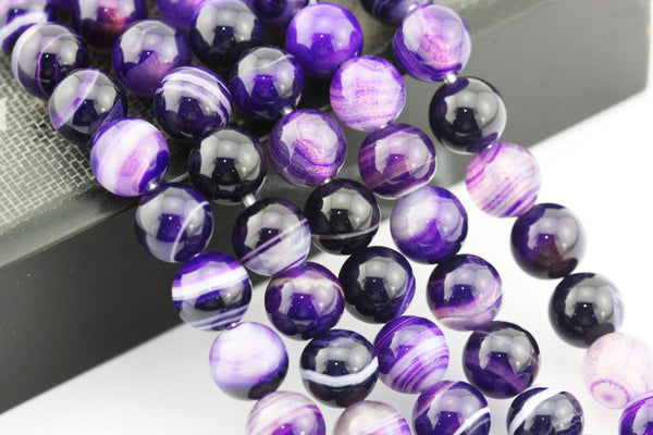 large hole purple Striped agate smooth round beads