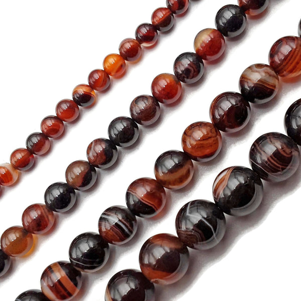 Mahogany Brown Stripe Agate Smooth Round Beads 6mm 8mm 10mm 12mm 15.5" Strand