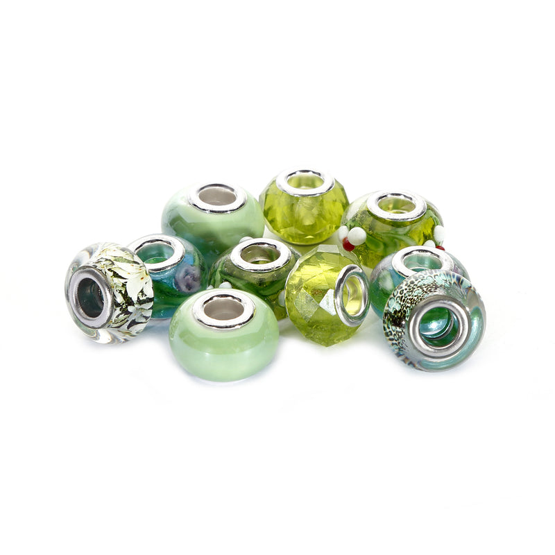 Mix Silver Plate Green Theme Murano Lampwork European Glass Crystal Charms Beads