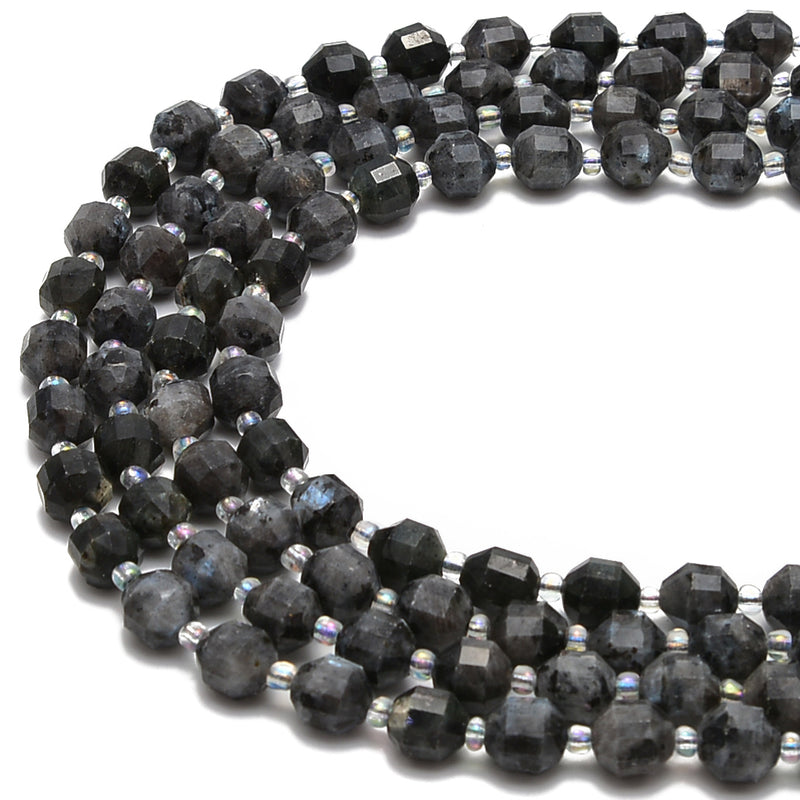 Larvikite Labradorite Prism Cut Double Point Faceted Round Beads 8mm 10mm 15.5'' Strand