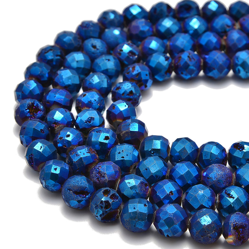 Blue Coated Druzy Agate Faceted Round Beads 6mm 8mm 10mm 15.5" Strand