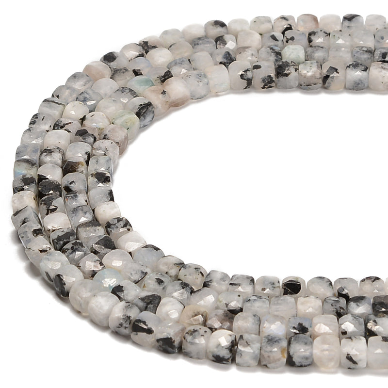 White Moonstone With Black Speck Faceted Cube Beads Size 4-5mm 15.5'' Strand