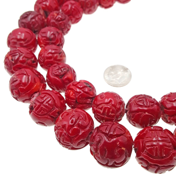 red bamboo coral hand carved round beads