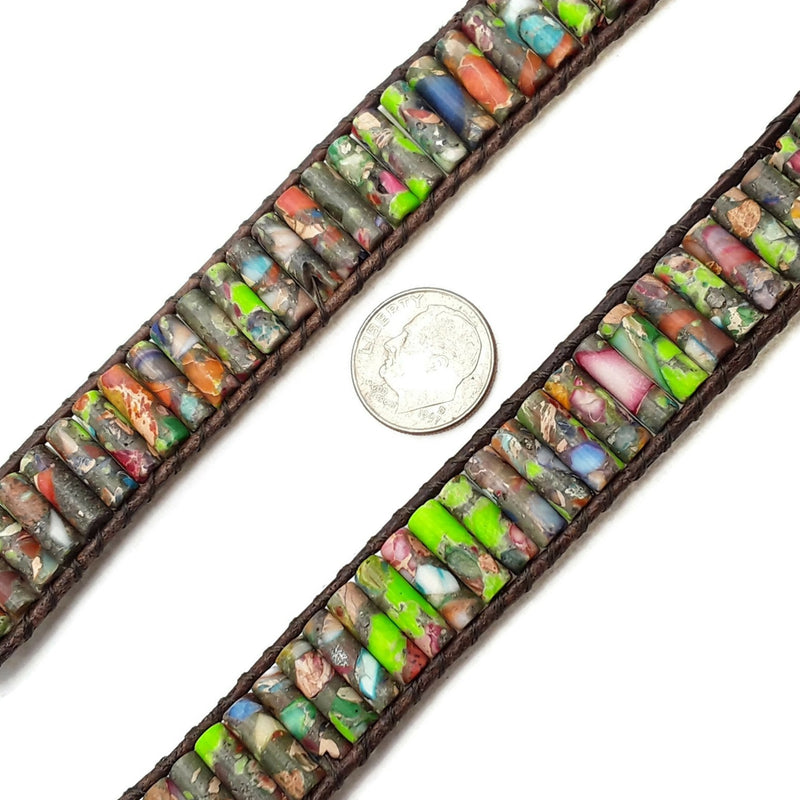 Multi Color Sea Sediment Jasper Stone Round Tube Leather Wrap Bracelet