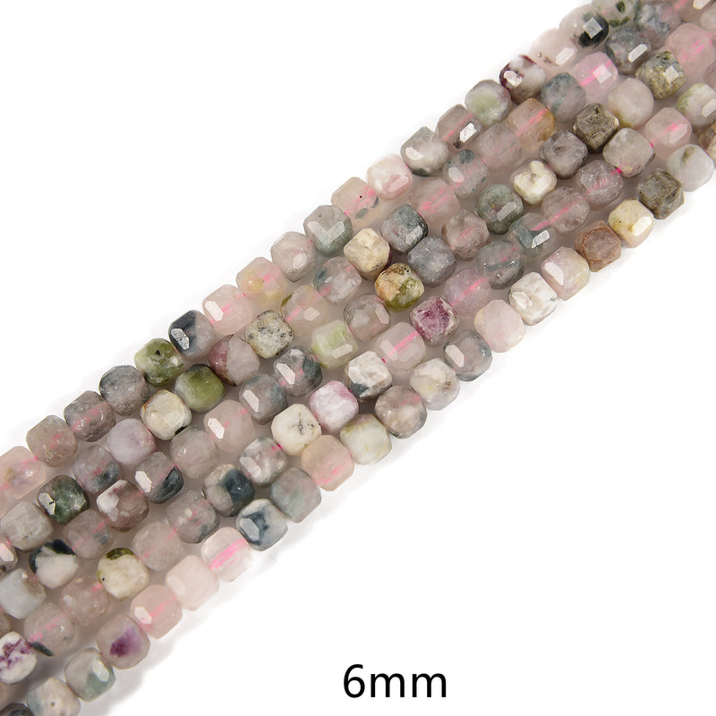 Natural Pink Tourmaline & Lepidolite Faceted Cube Beads 4mm 6mm 15.5'' Strand