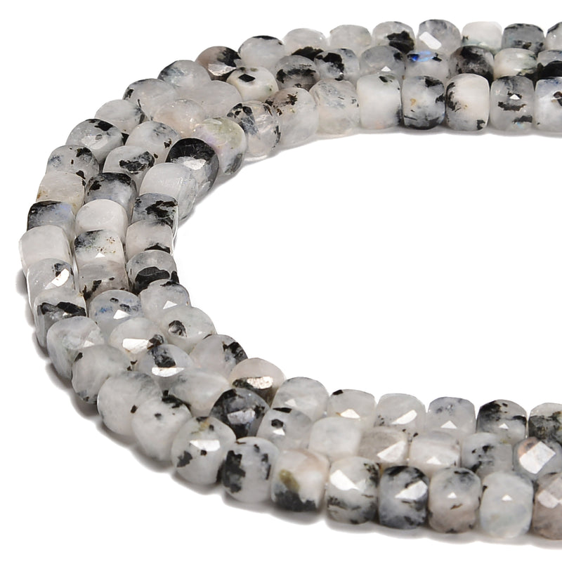 White Moonstone With Black Speck Faceted Cube Beads Size 4-5mm 15.5'' Strand