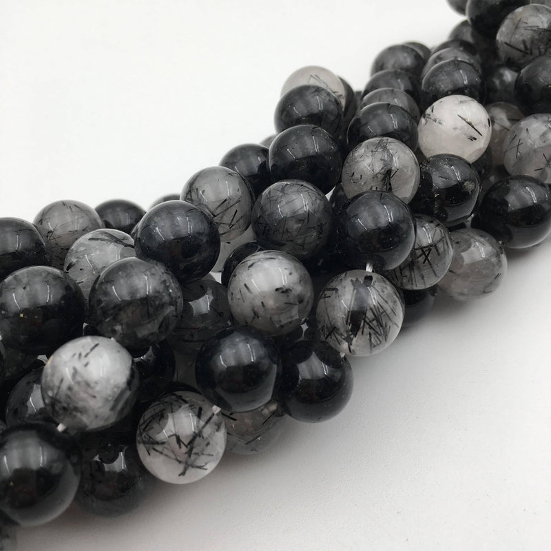 black tourmalinated quartz smooth round beads