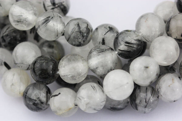 large hole black tourmalinated quartz smooth round beads