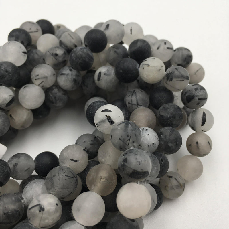 large hole black tourmalinated quartz matte round beads