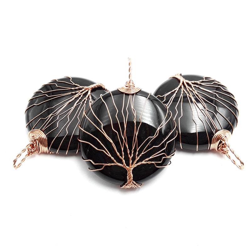 black onyx tree pendant copper wire wrap round