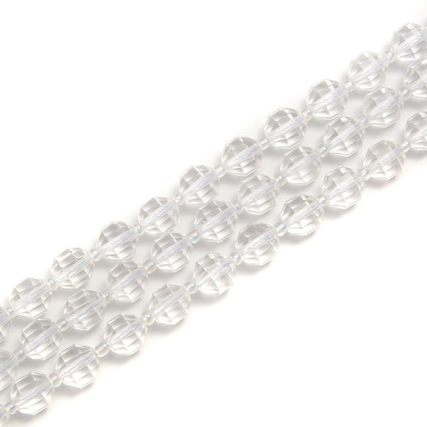 Clear Quartz Prism Cut Double Point Faceted Round Beads 9x10mm 15.5'' Strand